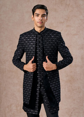 Manyavar Men Elegant Black Velvet Indo Western