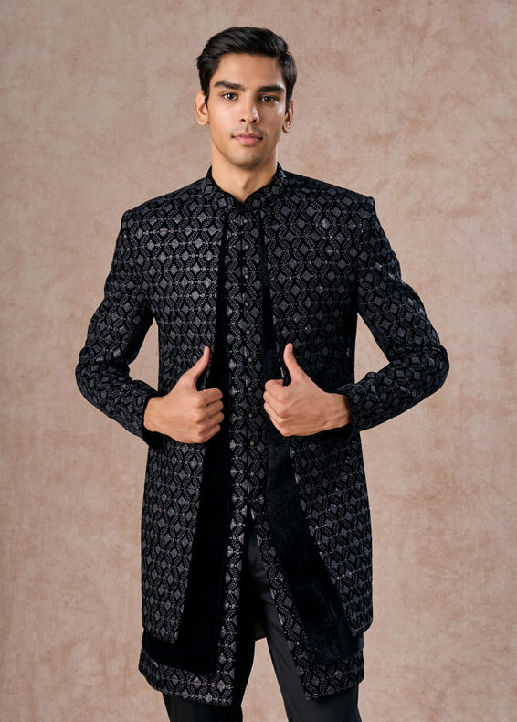 Manyavar Men Elegant Black Velvet Indo Western