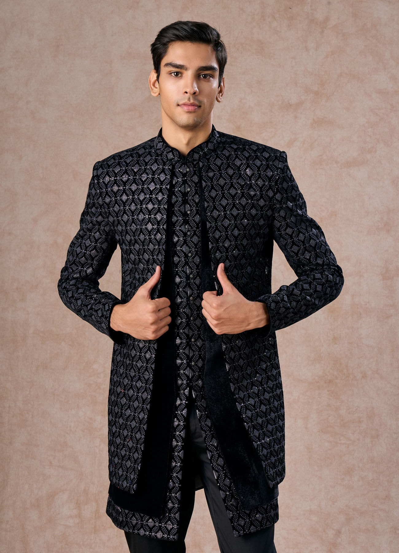 Manyavar Men Elegant Black Velvet Indo Western