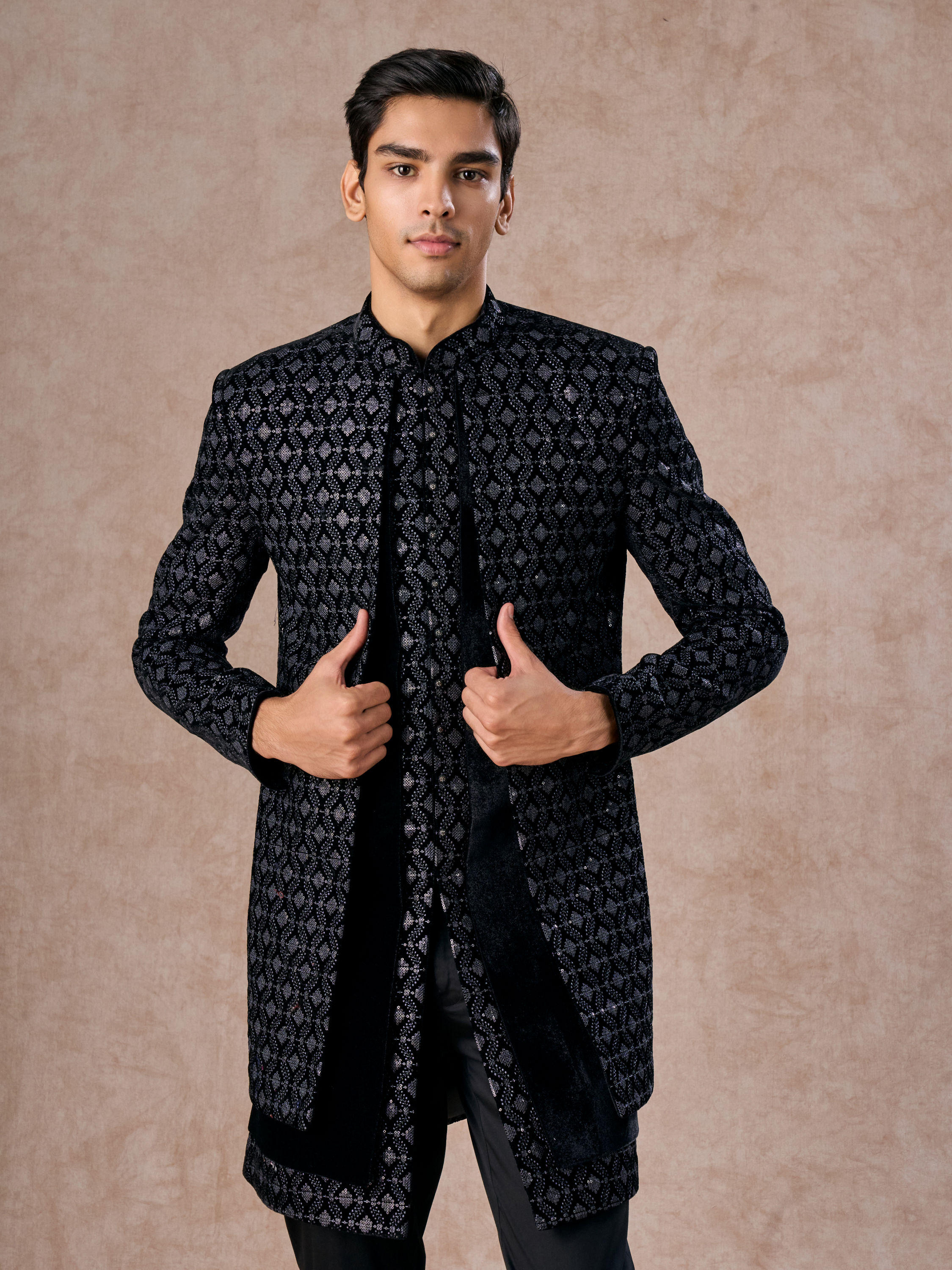 Manyavar Men Elegant Black Velvet Indo Western