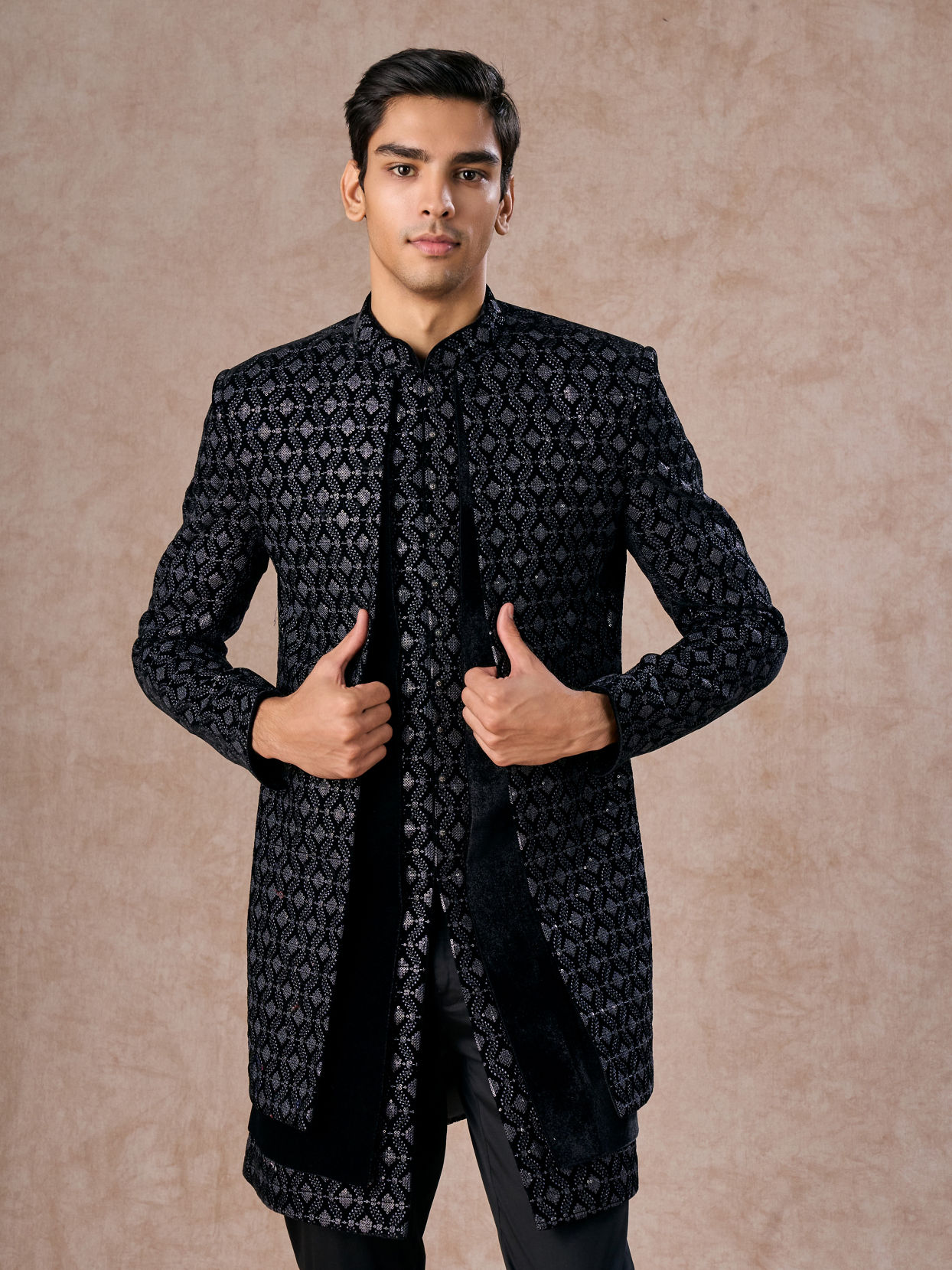 Manyavar Men Elegant Black Velvet Indo Western
