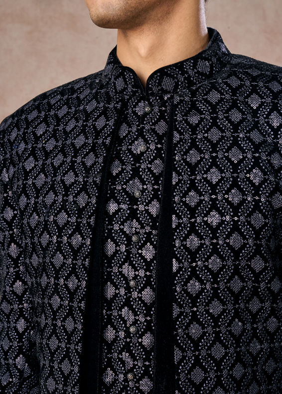 Manyavar Men Elegant Black Velvet Indo Western