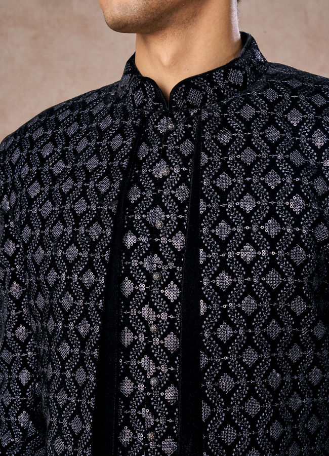 Manyavar Men Elegant Black Velvet Indo Western