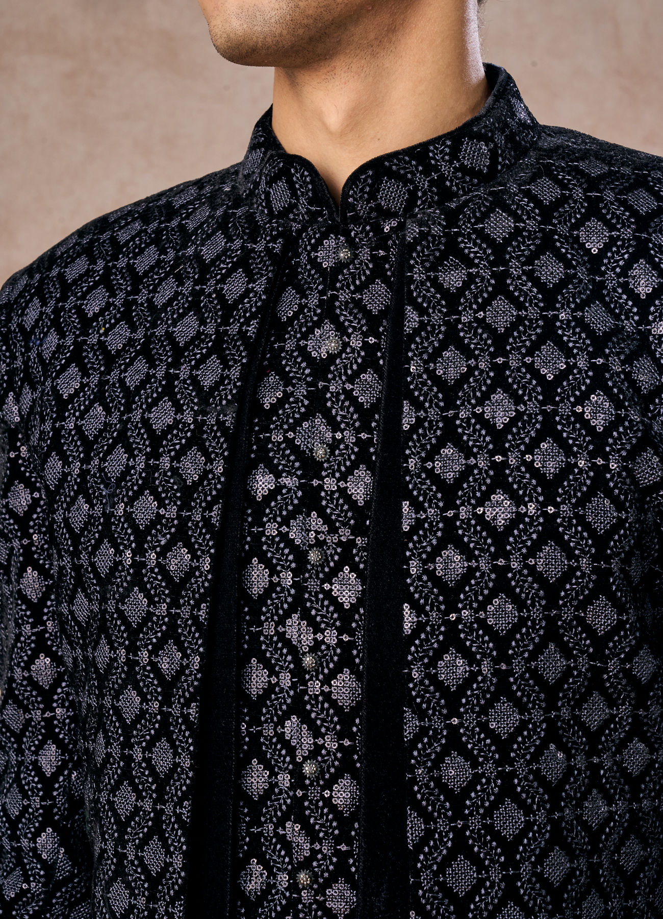 Manyavar Men Elegant Black Velvet Indo Western