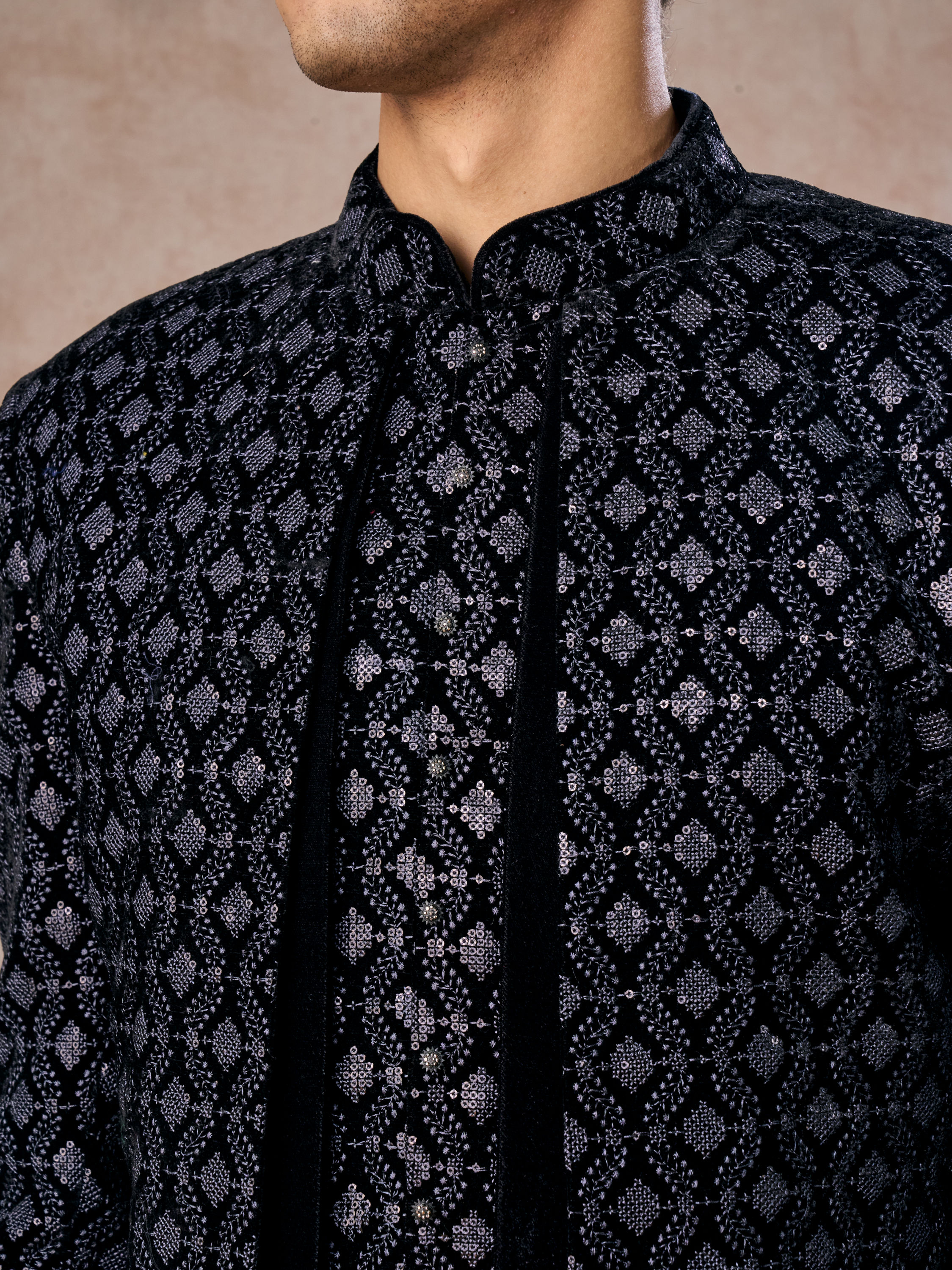 Manyavar Men Elegant Black Velvet Indo Western