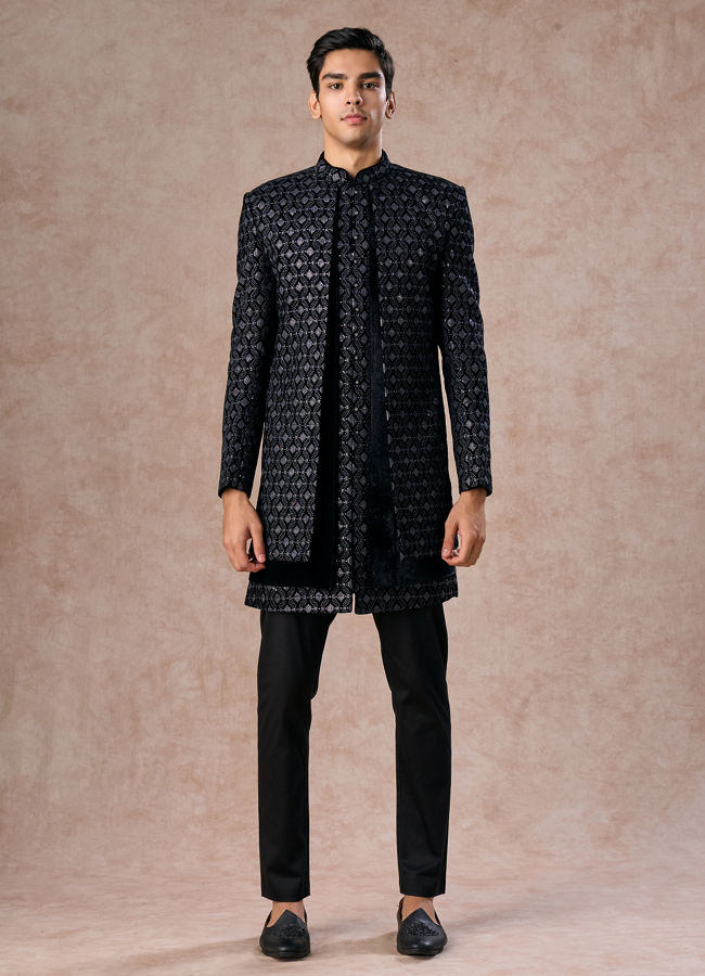 Manyavar Men Elegant Black Velvet Indo Western