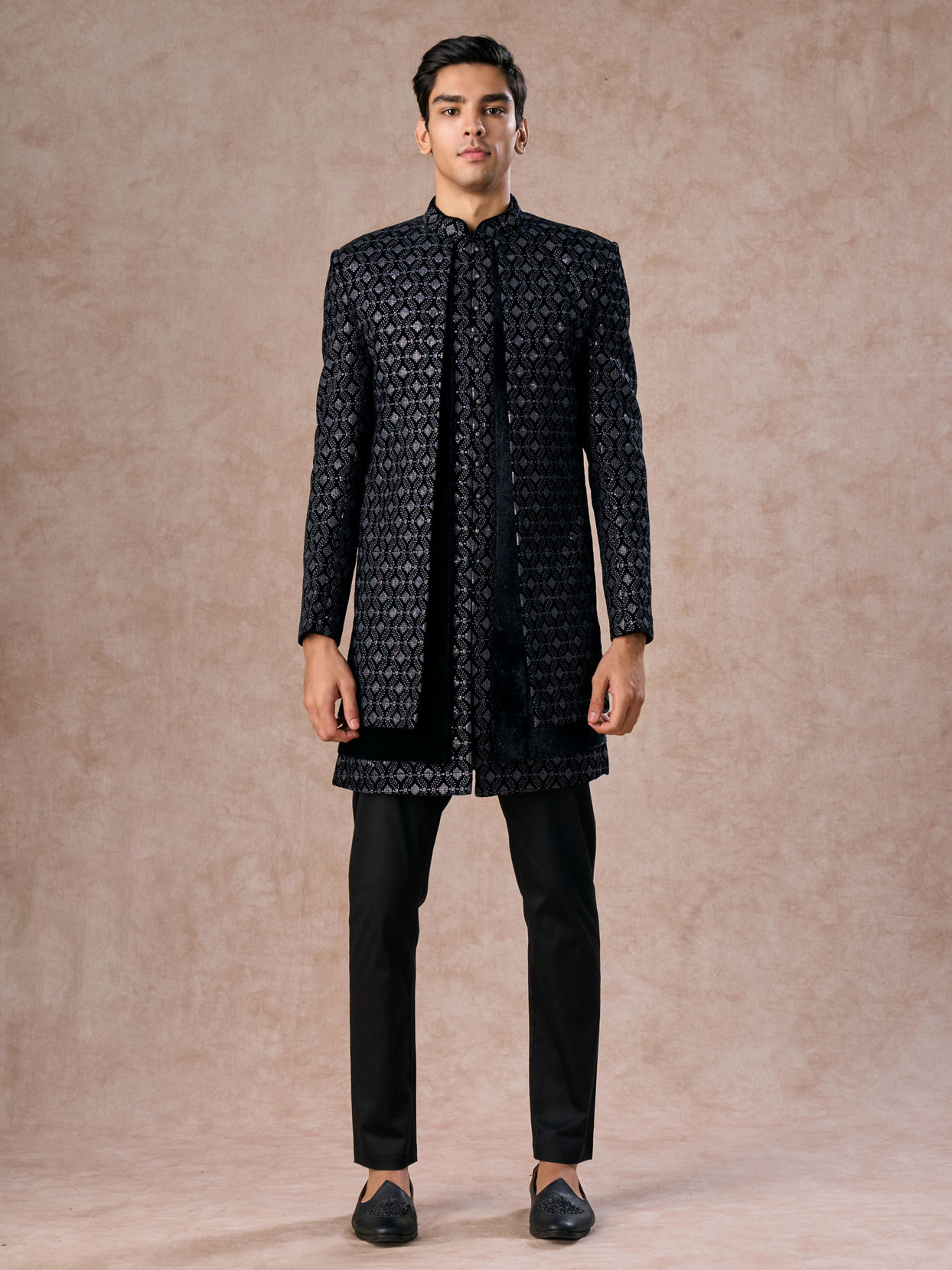 Manyavar Men Elegant Black Velvet Indo Western