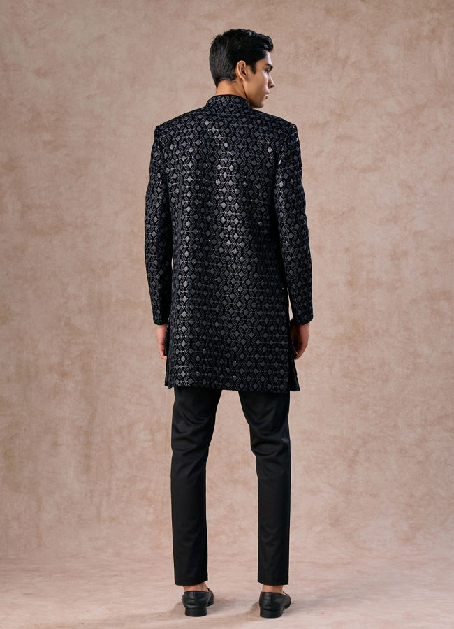 Manyavar Men Elegant Black Velvet Indo Western