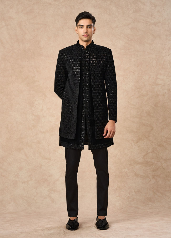 Manyavar Men Black Velvet Indo Western with Embroidery