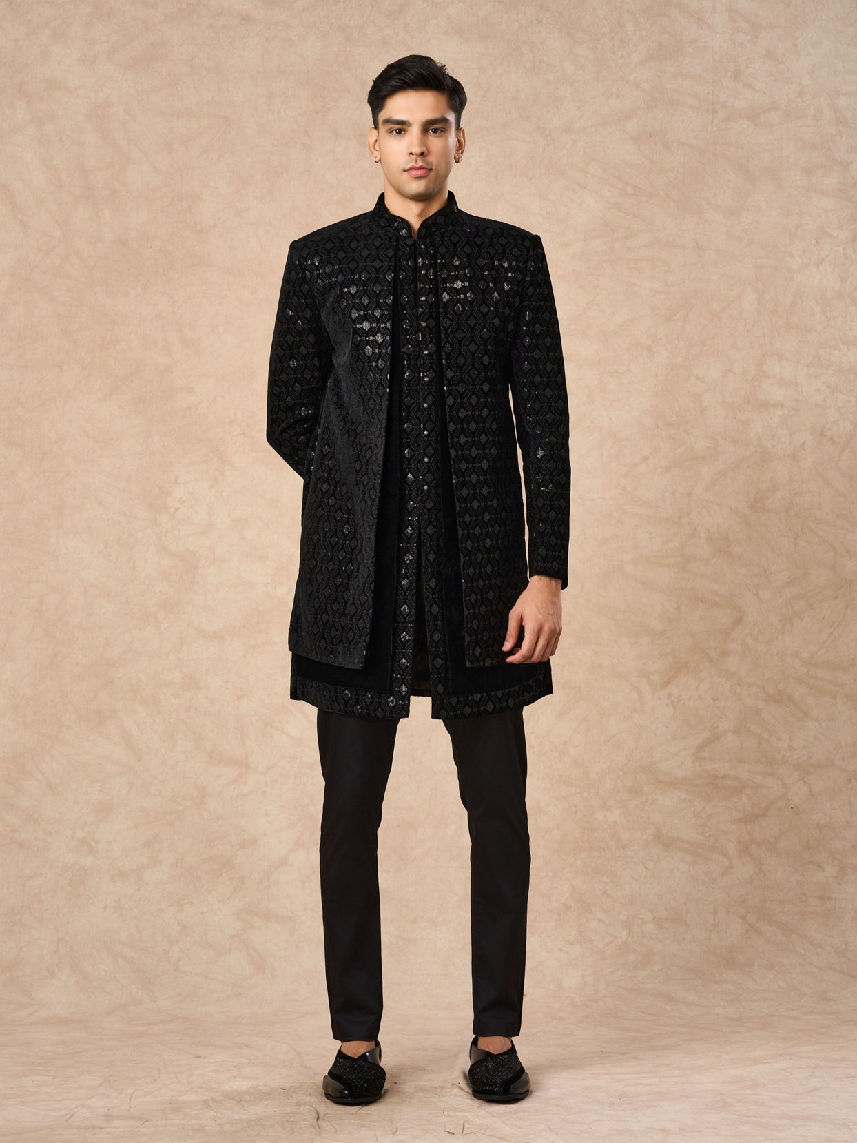 Manyavar Men Black Velvet Indo Western with Embroidery