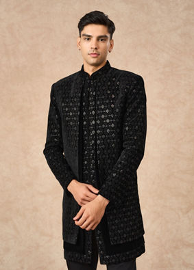 Manyavar Men Black Velvet Indo Western with Embroidery