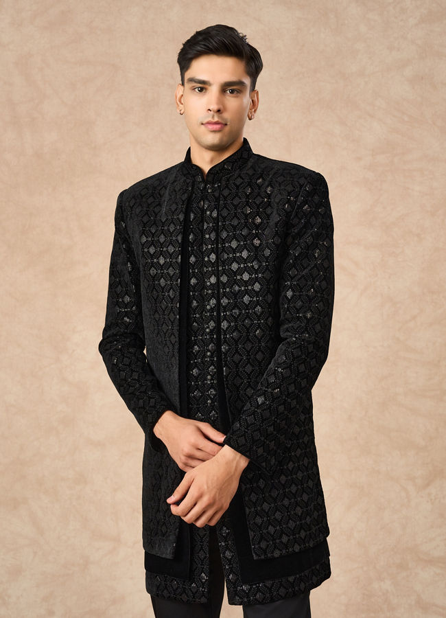 Manyavar Men Black Velvet Indo Western with Embroidery