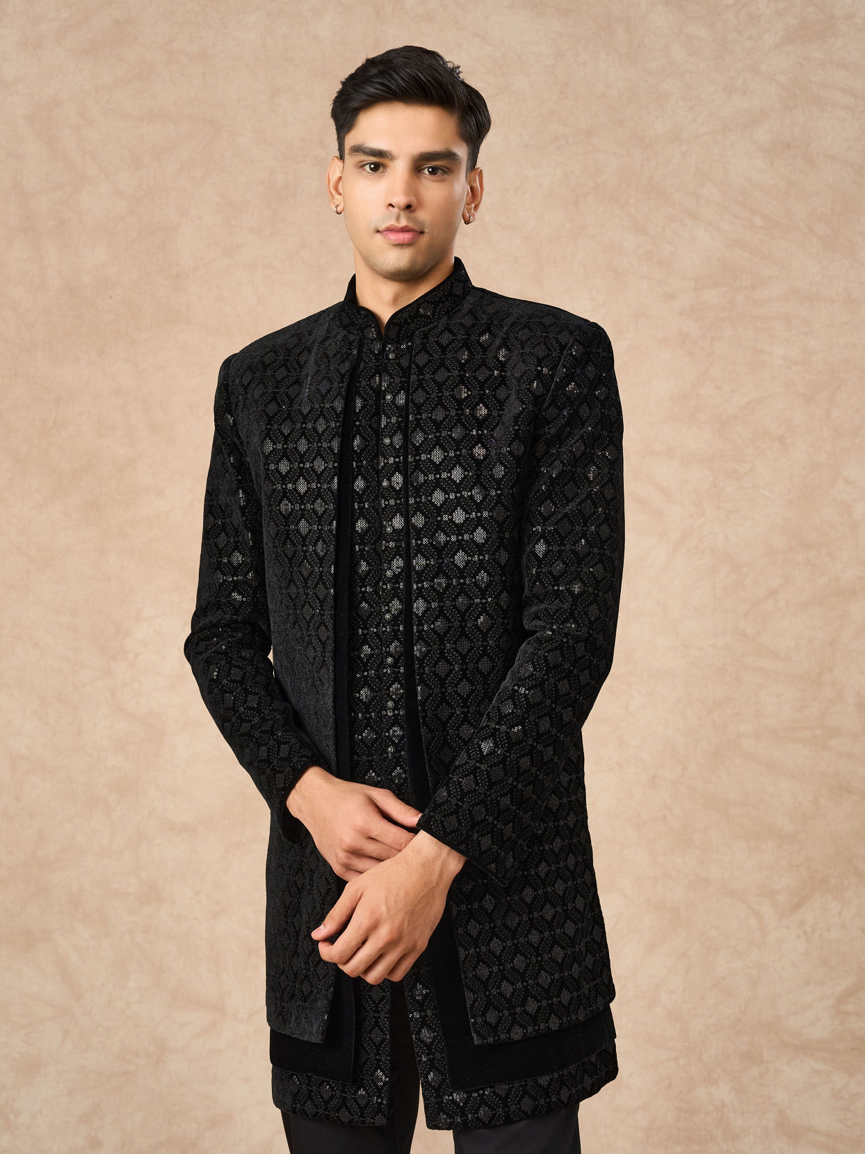Manyavar Men Black Velvet Indo Western with Embroidery