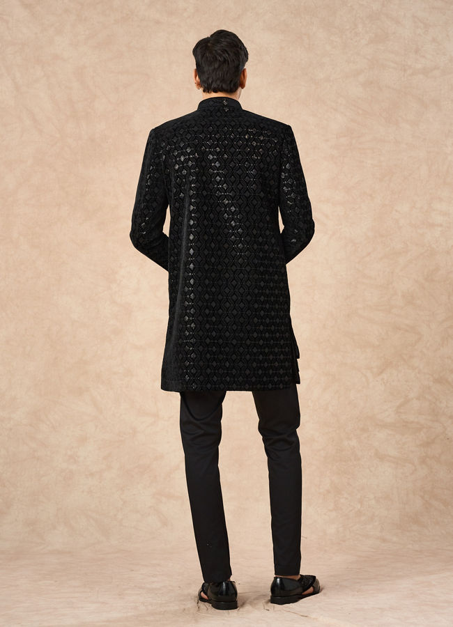 Manyavar Men Black Velvet Indo Western with Embroidery