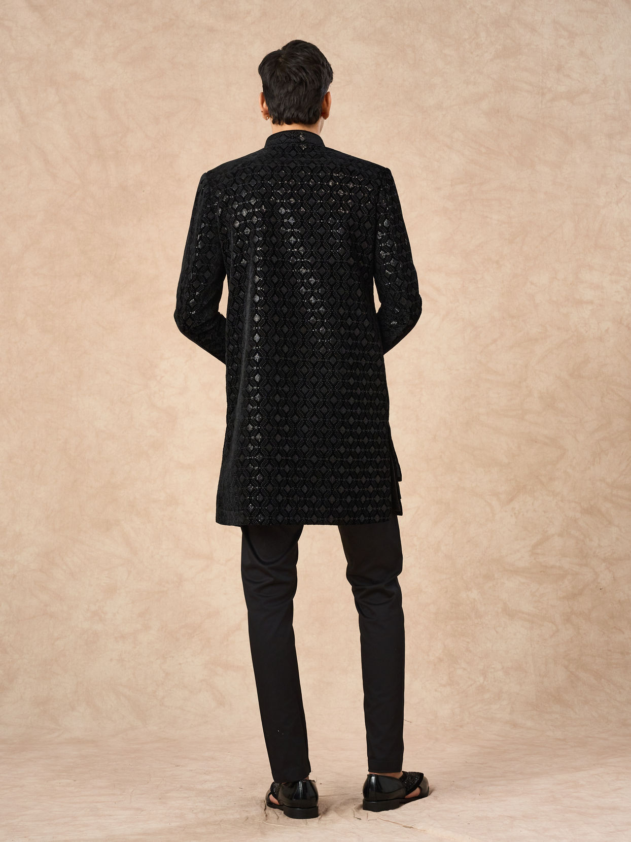 Manyavar Men Black Velvet Indo Western with Embroidery