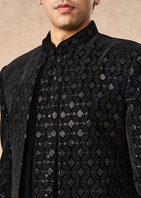 Manyavar Men Black Velvet Indo Western with Embroidery
