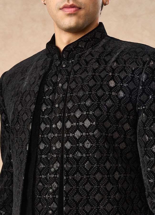 Manyavar Men Black Velvet Indo Western with Embroidery