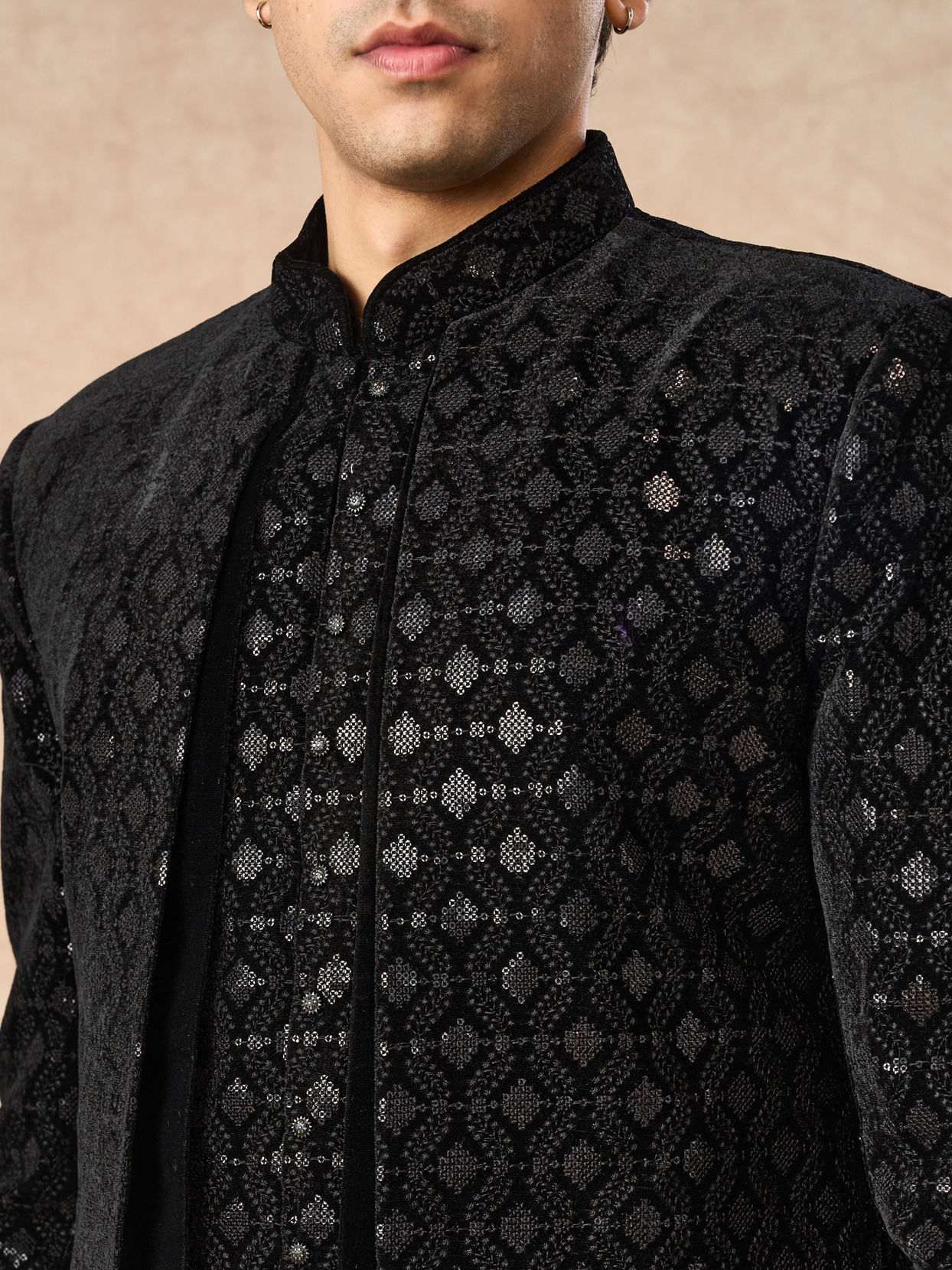Manyavar Men Black Velvet Indo Western with Embroidery