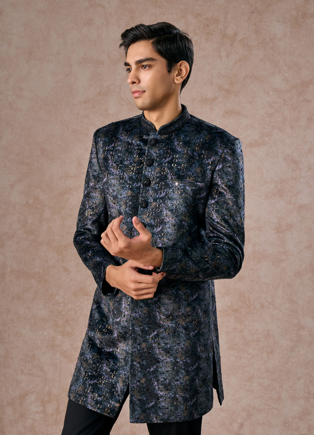 Manyavar Men Olive Green Velvet Grandeur Indo Western