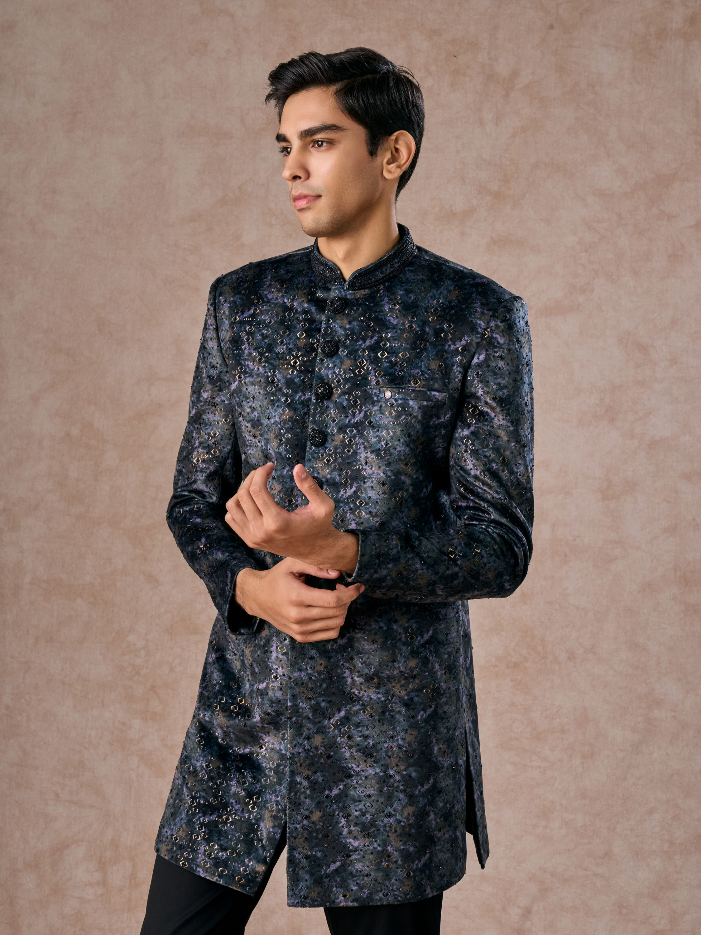 Manyavar Men Olive Green Velvet Grandeur Indo Western