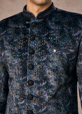 Manyavar Men Olive Green Velvet Grandeur Indo Western