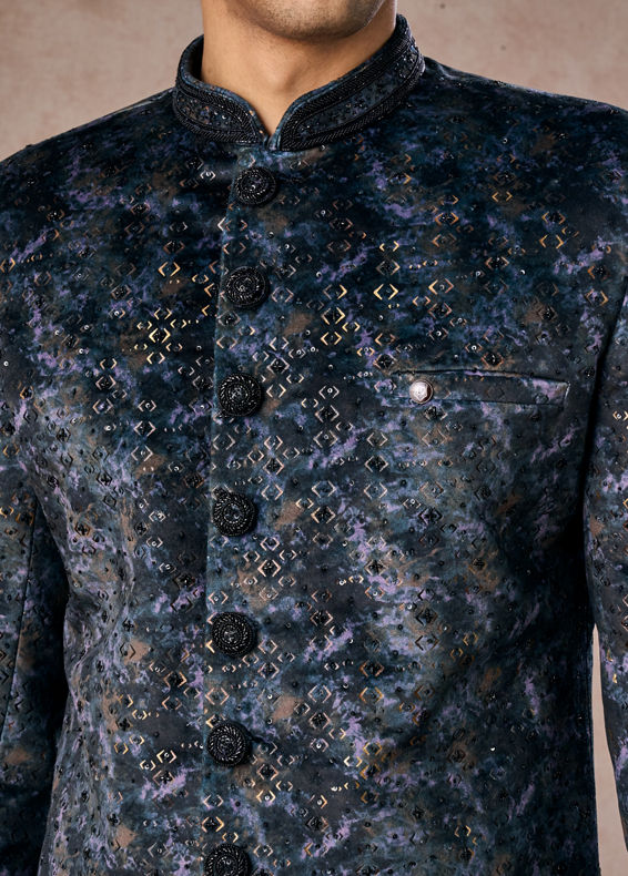 Manyavar Men Olive Green Velvet Grandeur Indo Western