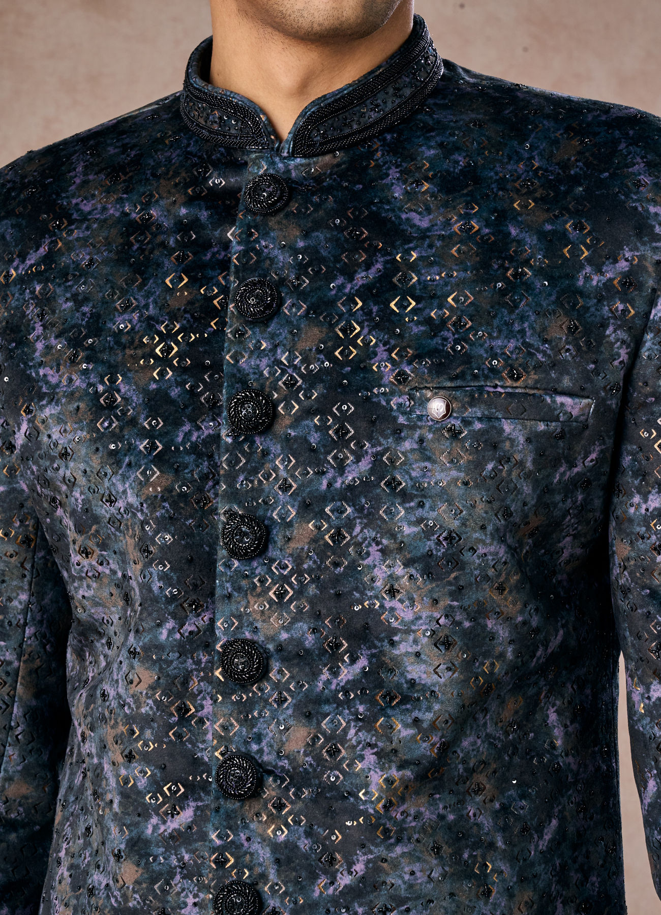 Manyavar Men Olive Green Velvet Grandeur Indo Western