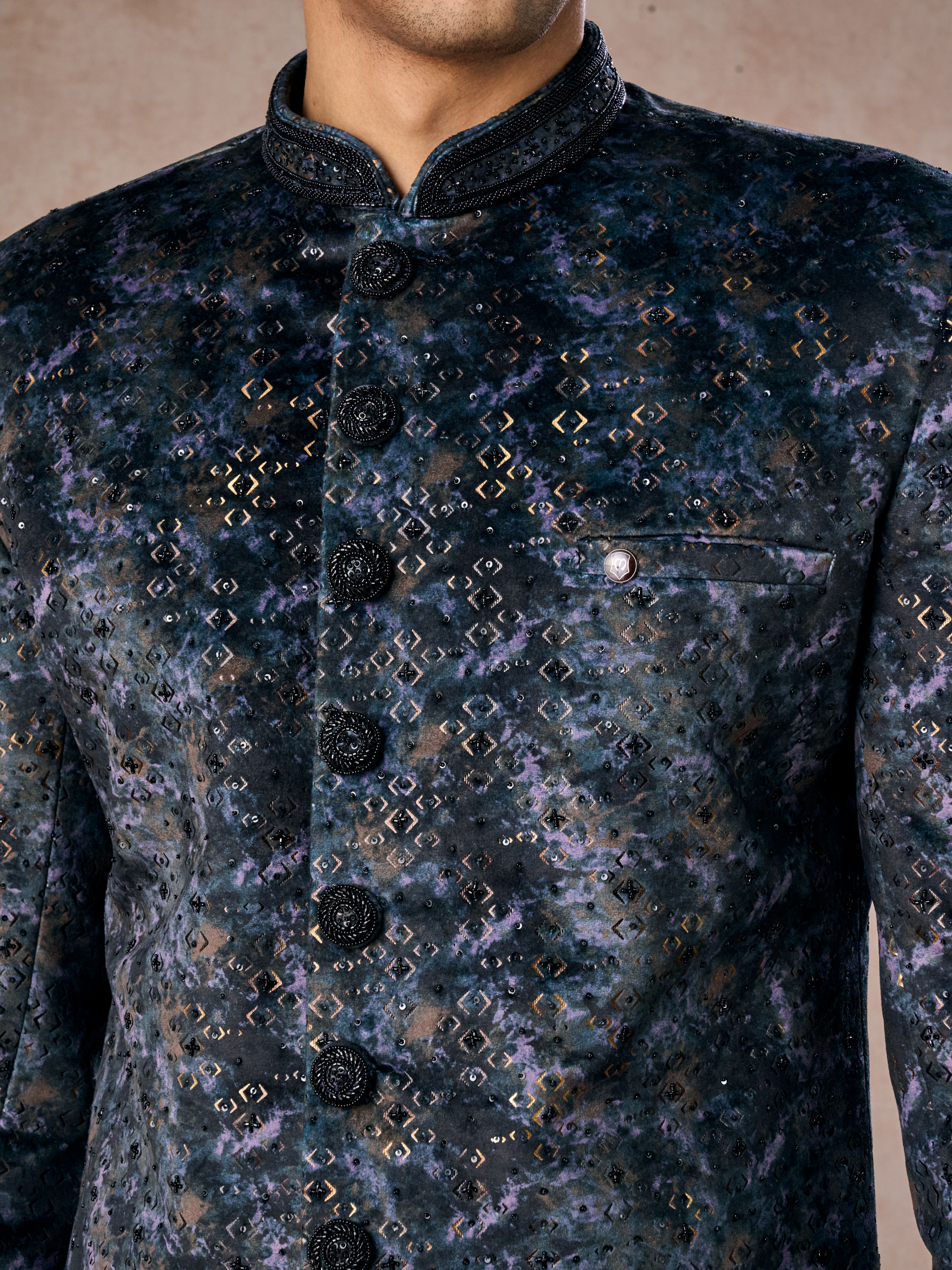 Manyavar Men Olive Green Velvet Grandeur Indo Western