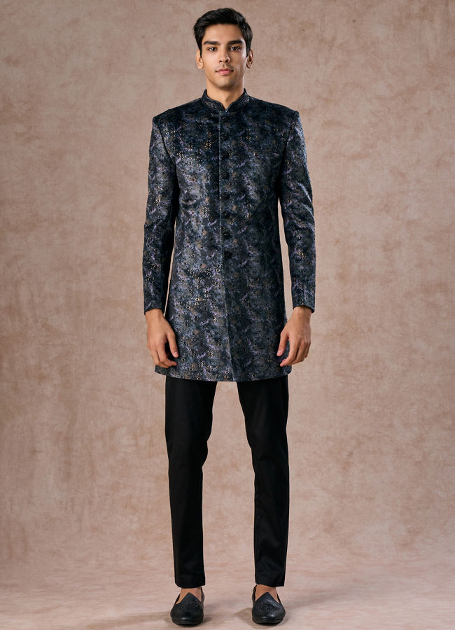 Manyavar Men Olive Green Velvet Grandeur Indo Western