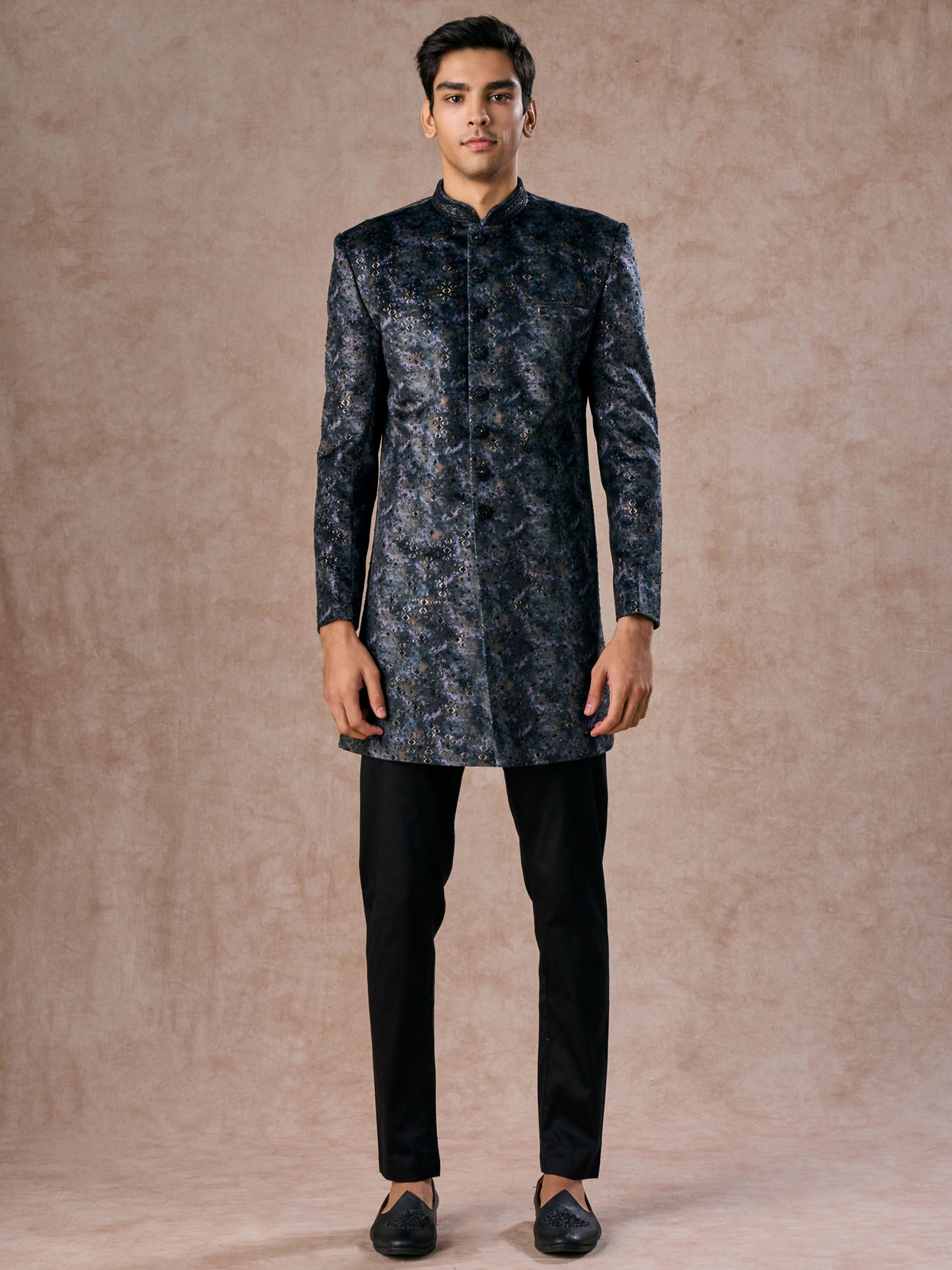 Manyavar Men Olive Green Velvet Grandeur Indo Western
