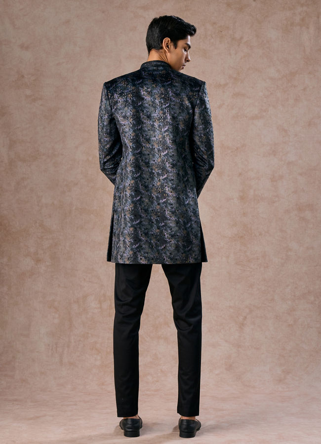Manyavar Men Olive Green Velvet Grandeur Indo Western