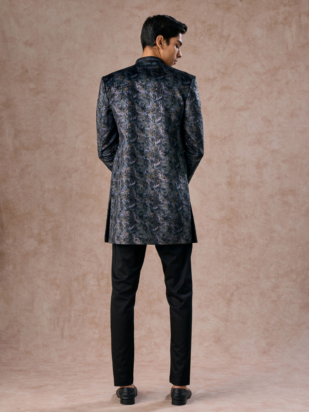 Manyavar Men Olive Green Velvet Grandeur Indo Western