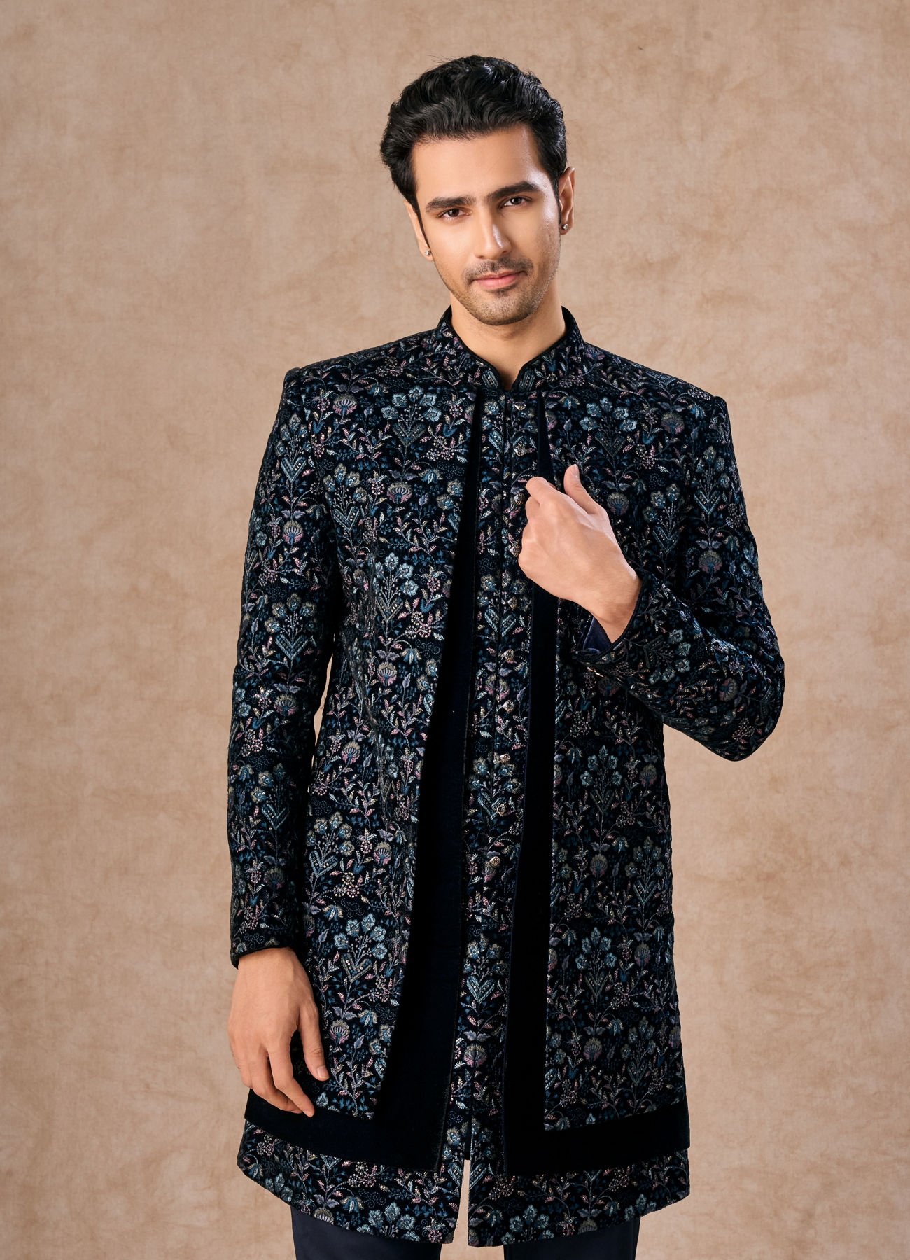 Manyavar Men Velvety Delight Dark Blue Indo Western