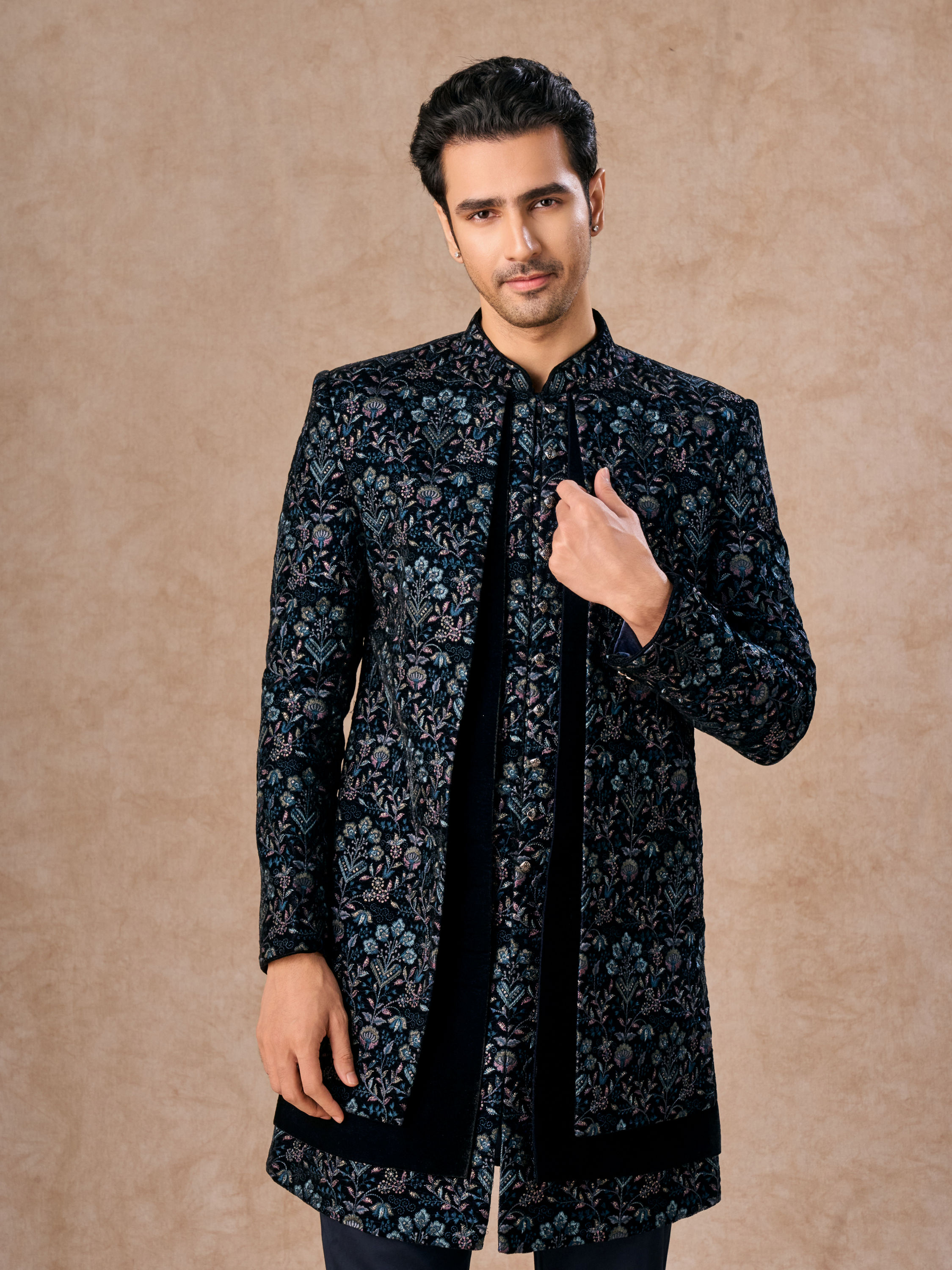 Manyavar Men Velvety Delight Dark Blue Indo Western