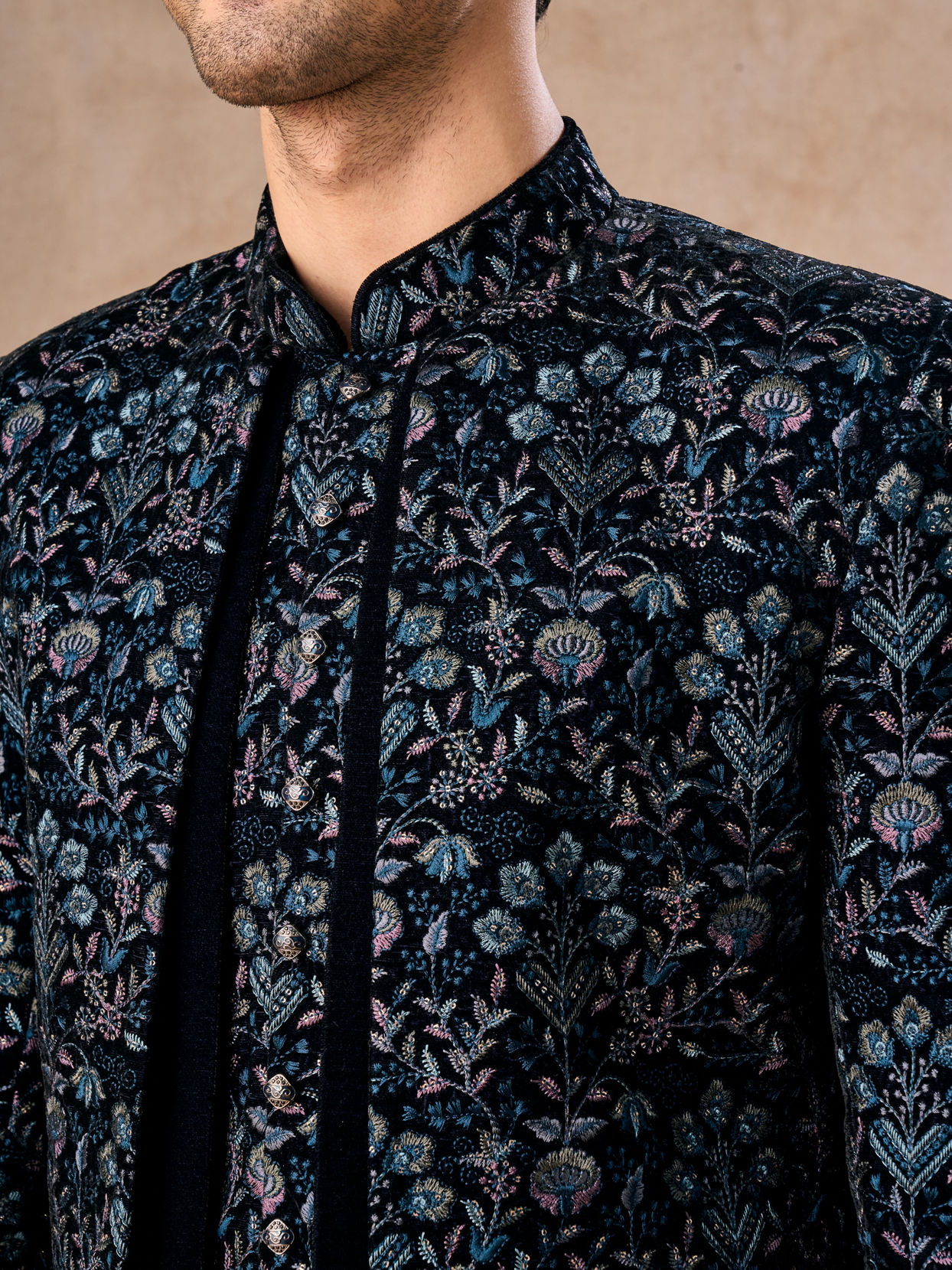 Manyavar Men Velvety Delight Dark Blue Indo Western