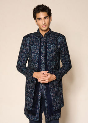 Manyavar Men Velvety Delight Dark Blue Indo Western