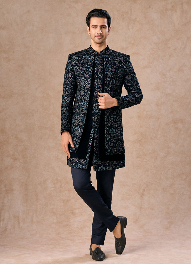Manyavar Men Velvety Delight Dark Blue Indo Western