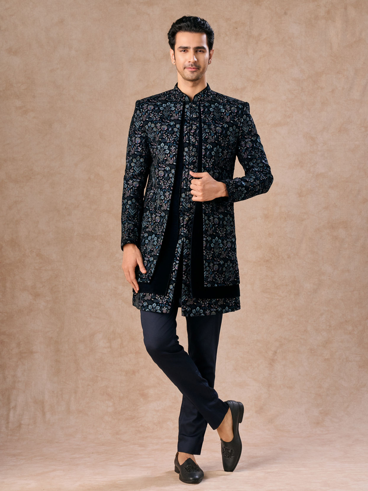 Manyavar Men Velvety Delight Dark Blue Indo Western