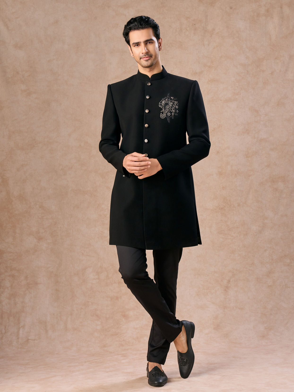 Manyavar Men Black Achkan Indo Western Set