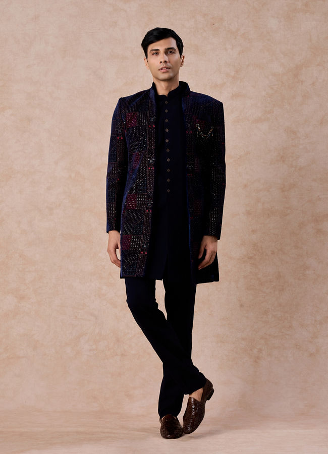 Manyavar Men Majestic Blue Velvet Royal Indo Western