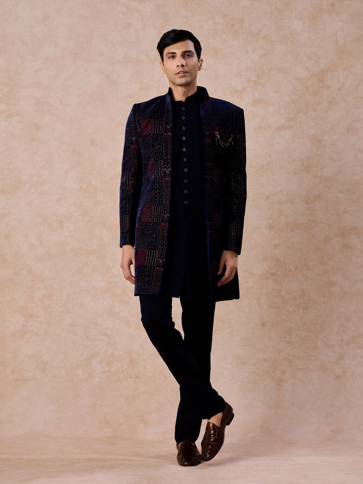 Manyavar Men Majestic Blue Velvet Royal Indo Western