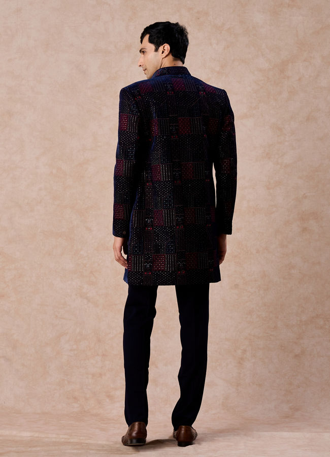 Manyavar Men Majestic Blue Velvet Royal Indo Western