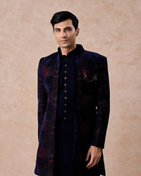 Manyavar Men Majestic Blue Velvet Royal Indo Western