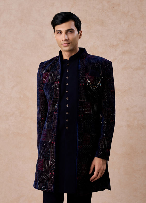 Manyavar Men Majestic Blue Velvet Royal Indo Western