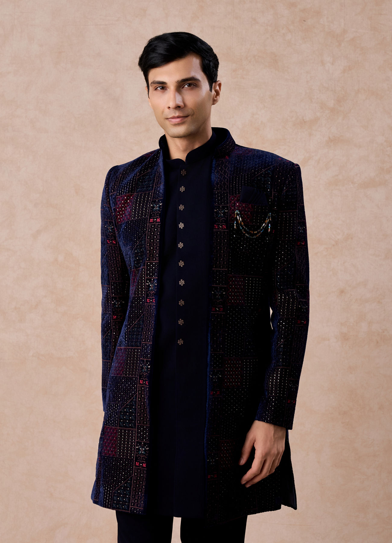 Manyavar Men Majestic Blue Velvet Royal Indo Western