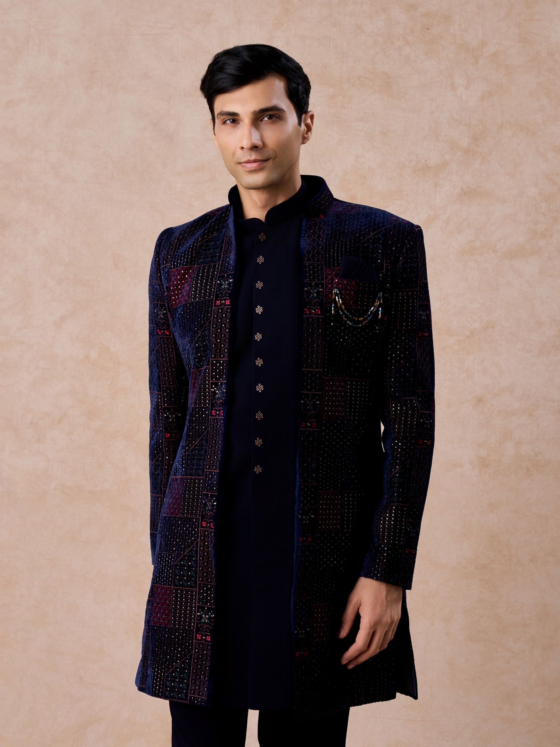 Manyavar Men Majestic Blue Velvet Royal Indo Western