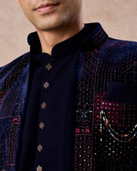 Manyavar Men Majestic Blue Velvet Royal Indo Western