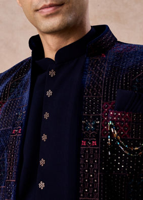 Manyavar Men Majestic Blue Velvet Royal Indo Western