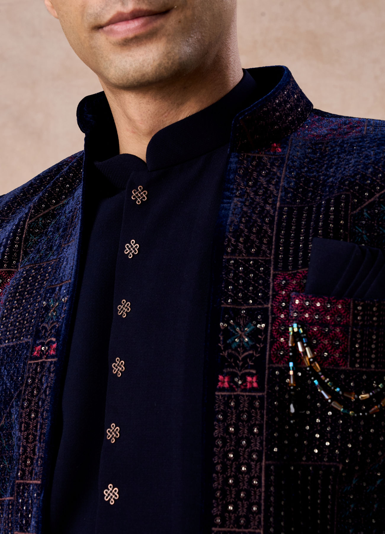 Manyavar Men Majestic Blue Velvet Royal Indo Western