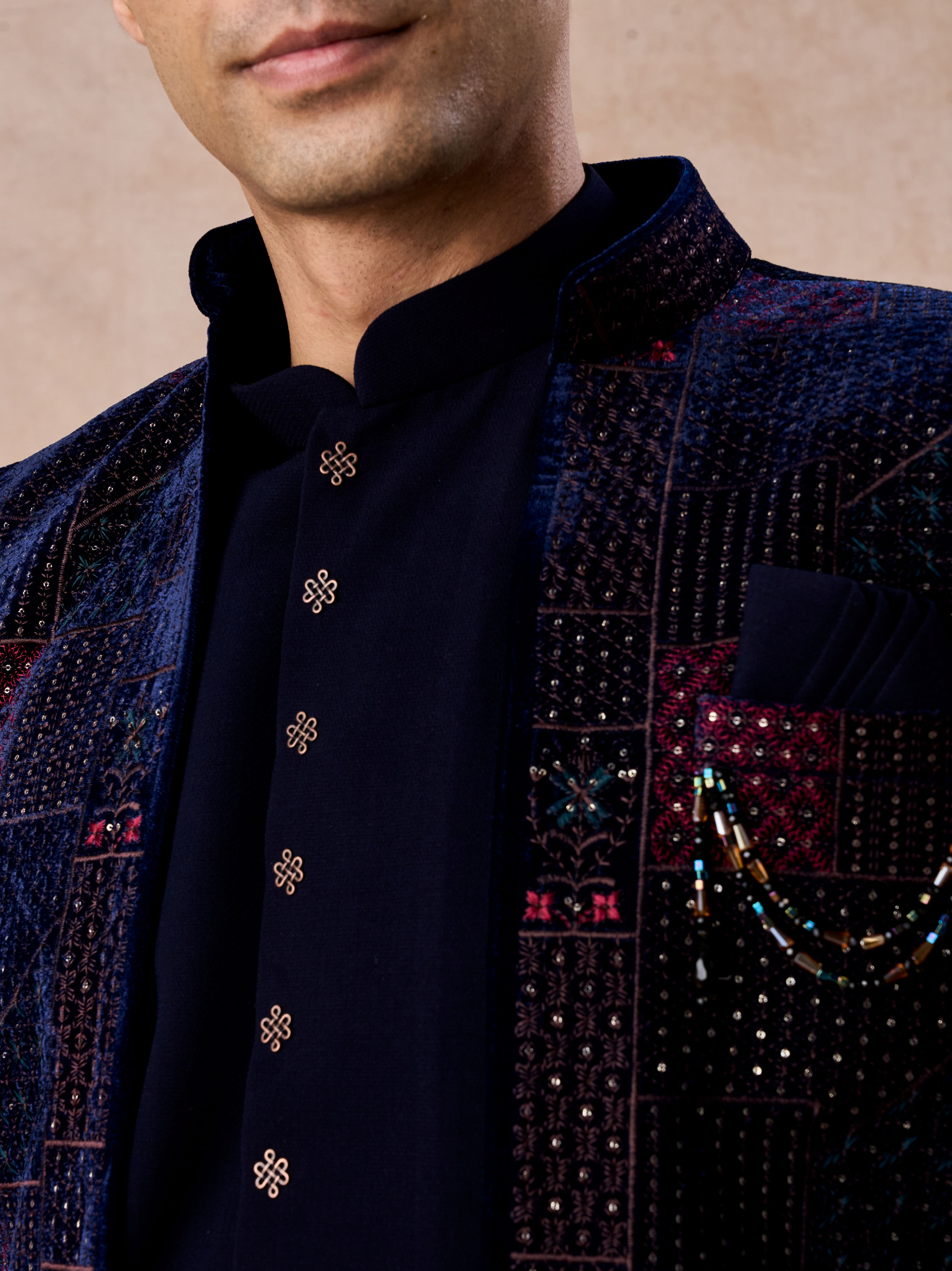 Manyavar Men Majestic Blue Velvet Royal Indo Western